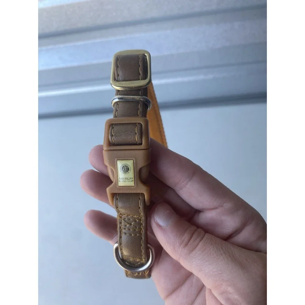 American Kennel Club AKC Tan Leather Dog Collar Adjustable Brass Buckle 17 In